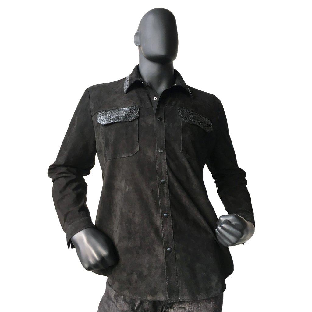 Jakewood 703 Black Genuine Lamb Skin Suede Leather Shirt With Alligator Trimming