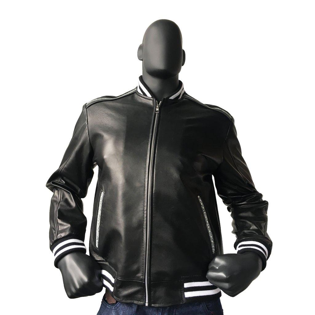 Jakewood 3440 Black Genuine Lambskin Leather Baseball Jacket With Stingray Trimming