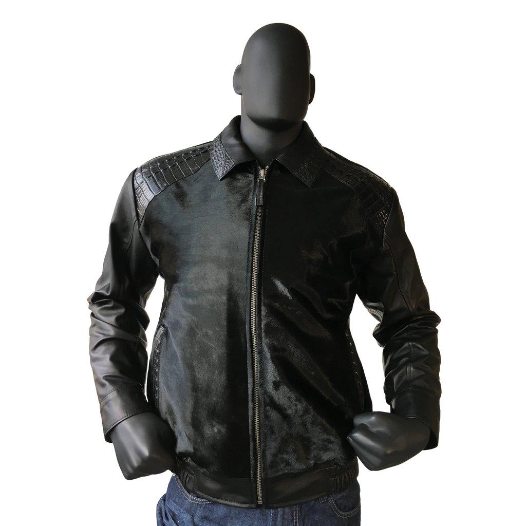 Jakewood 2024 Black Genuine Pony Leather Jacket With Alligator Trimming