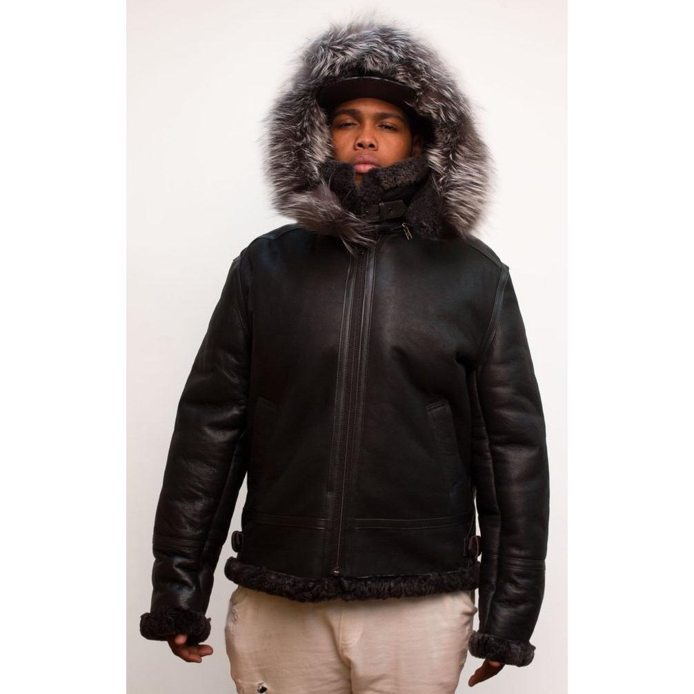 Jakewood 800 Black Genuine Shearling Sheepskin Aviator Jacket With Removable Hood/Raccoon Fur