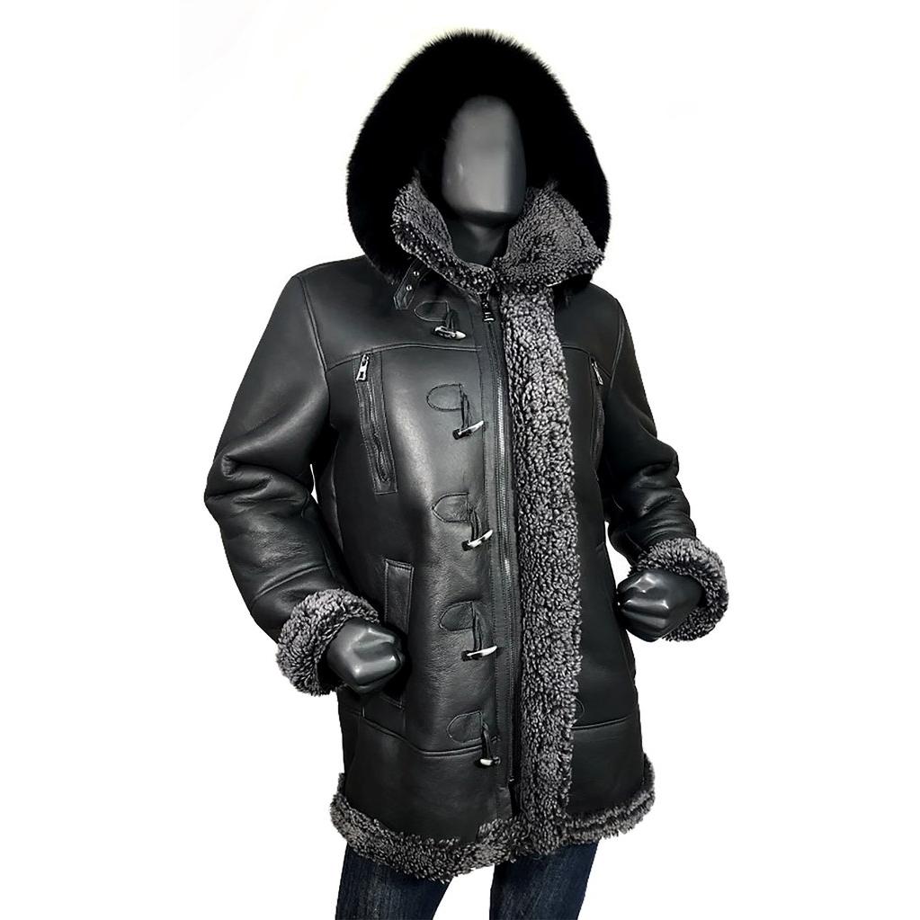 Jakewood B-7/807 Black Genuine Sheepskin Leather/Fox Fur Shearling Aviator Parka Coat With Hood