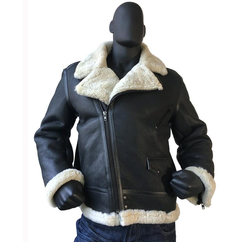 Jakewood 1300 Black/White Genuine Sheepskin Shearling/Napa Motorcycle Jacket