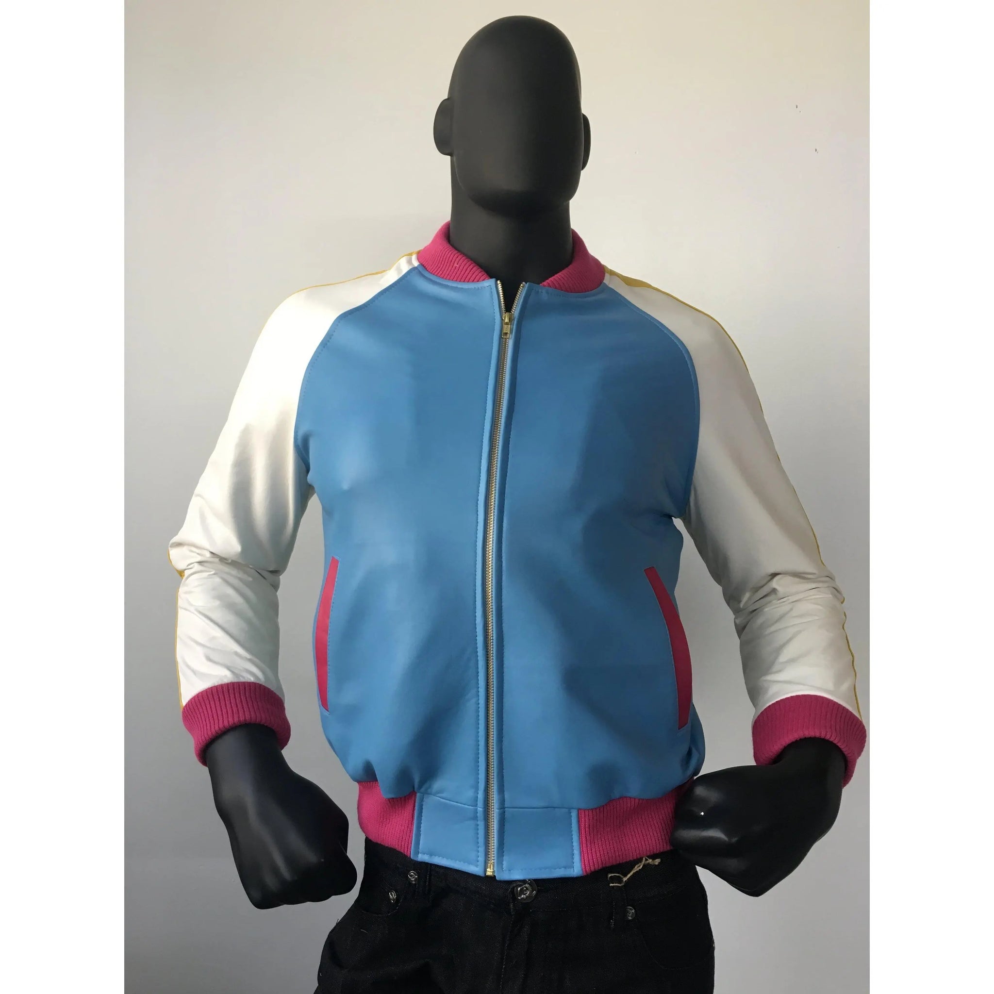 Jakewood 1095 Blue/Green/White/Pink Genuine Lambskin/Suede Baseball Jacket With Stripes