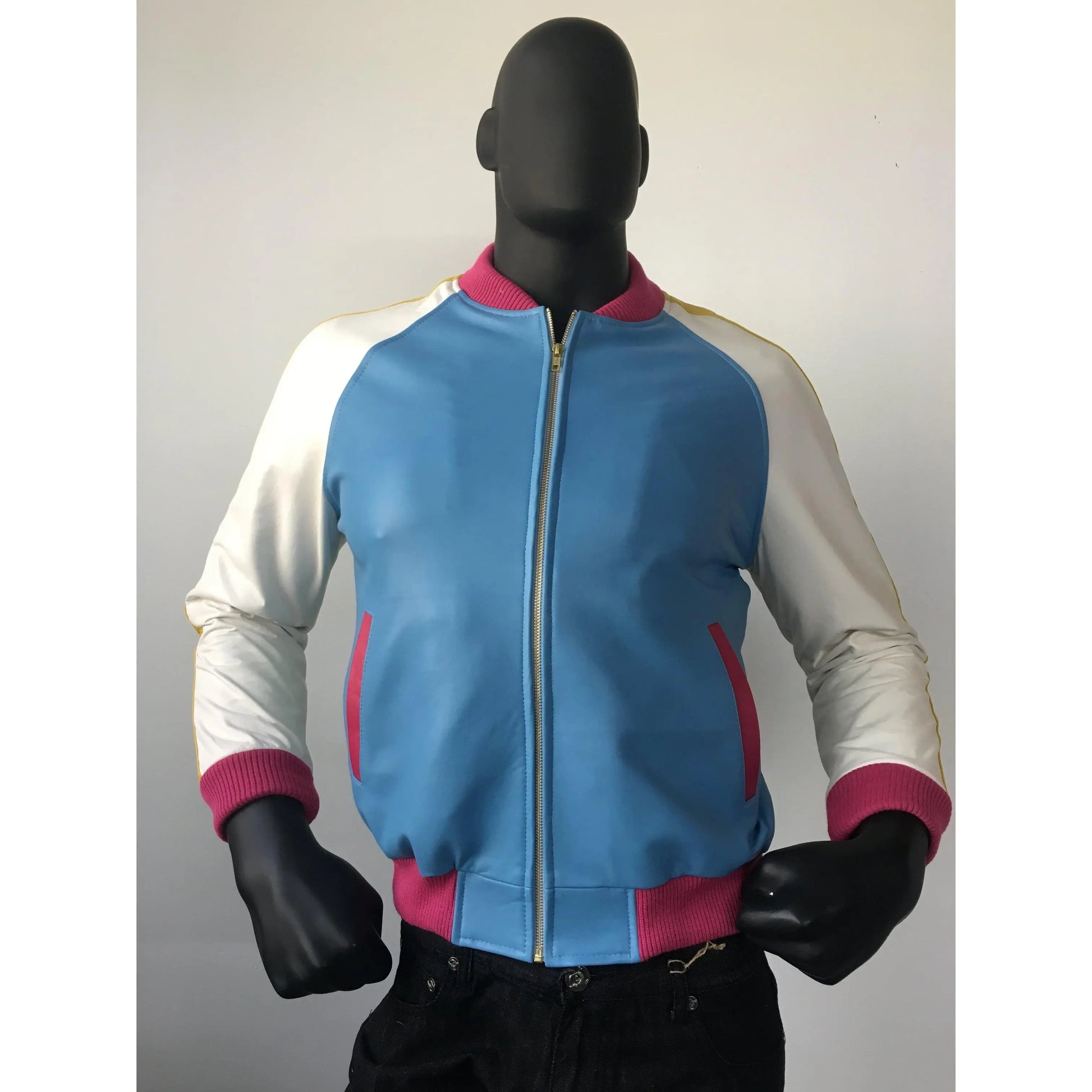 Jakewood 1095 Blue/Green/White/Pink Genuine Lambskin/Suede Baseball Jacket With Stripes