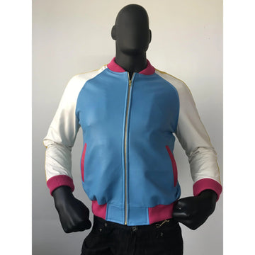Jakewood 1095 Blue/Green/White/Pink Genuine Lambskin/Suede Baseball Jacket With Stripes