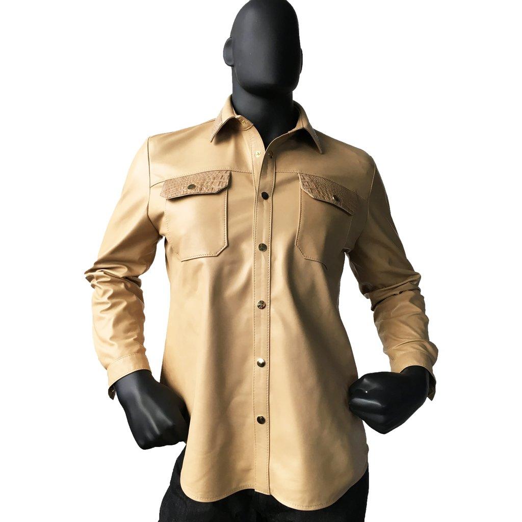 Jakewood 703 Bone Genuine Lamb Skin Suede Leather Shirt With Alligator Trimming