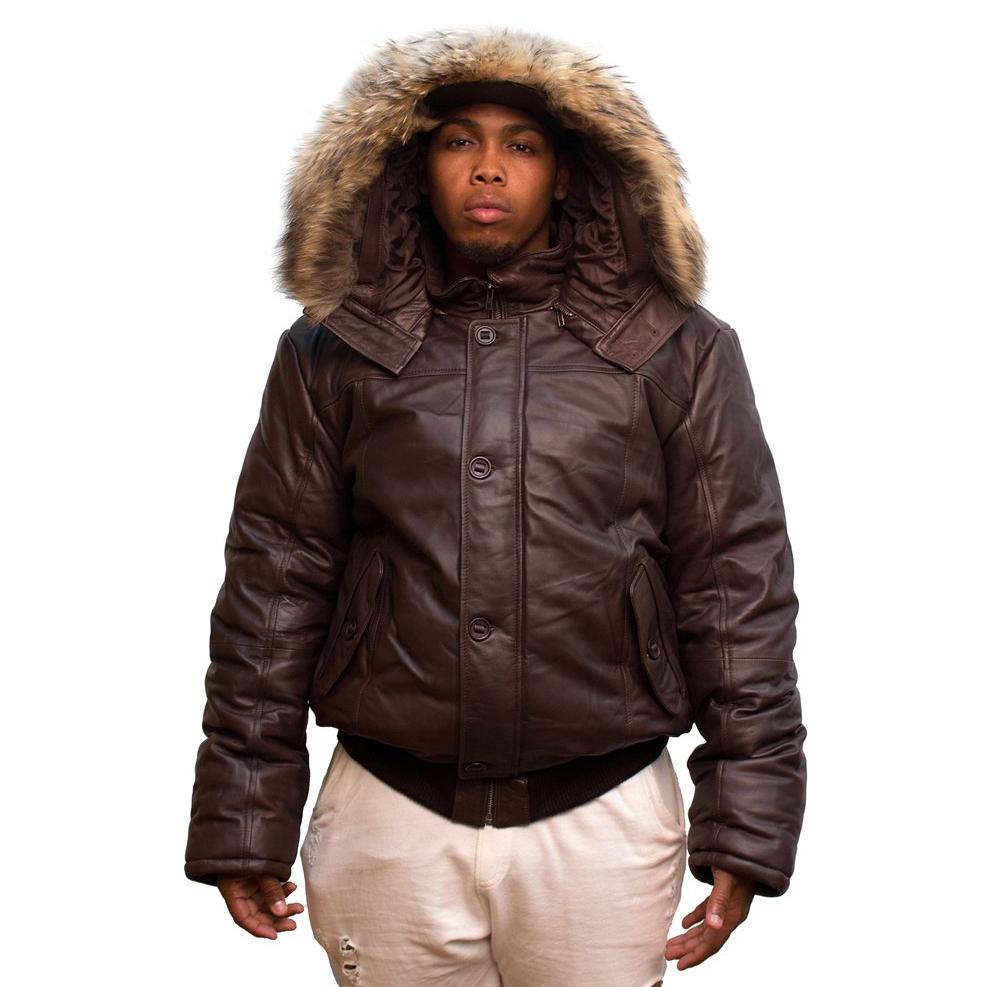 Jakewood 2920 Brown Genuine Lambskin Bomber Jacket With Fur Hood