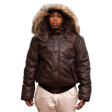 Jakewood 2920 Brown Genuine Lambskin Bomber Jacket With Fur Hood