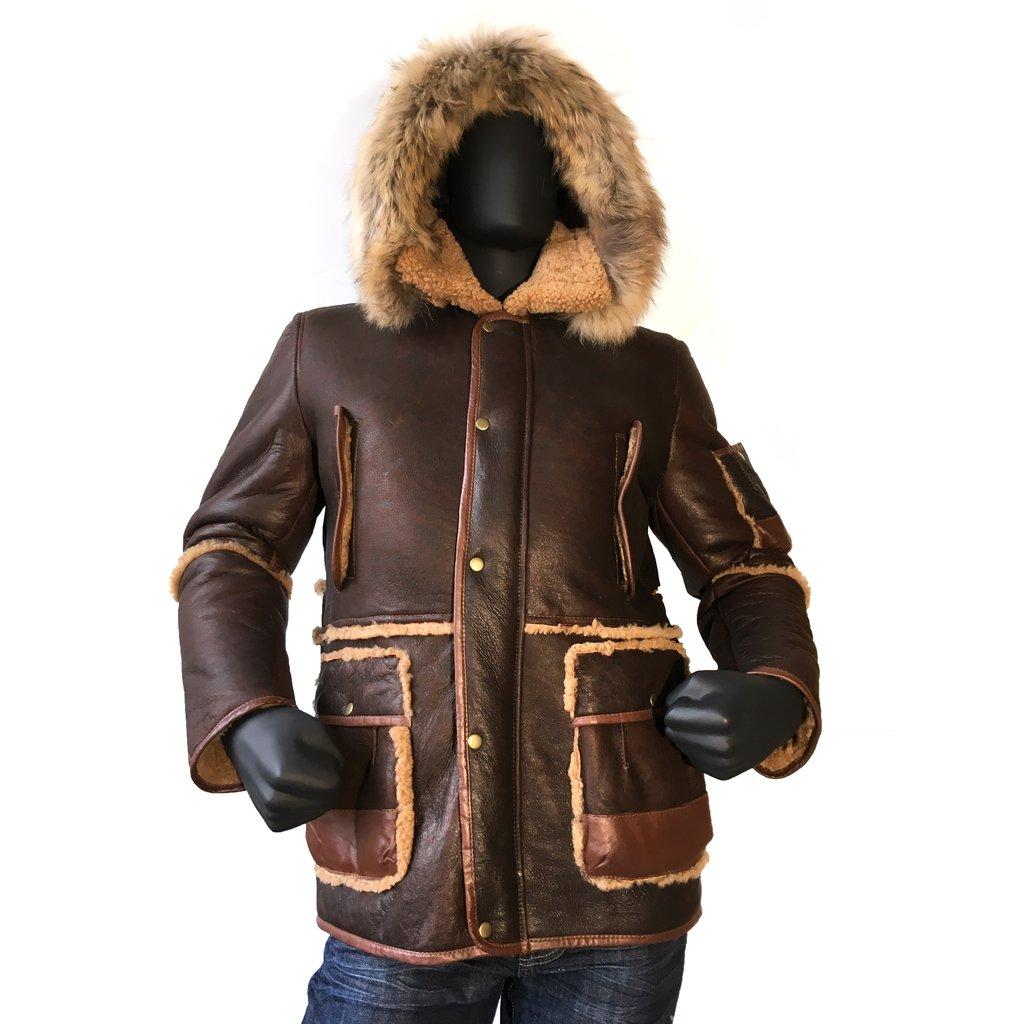 Jakewood 3800 Brown Sheepskin Parka Jacket With Hood And Leather Trimming Style