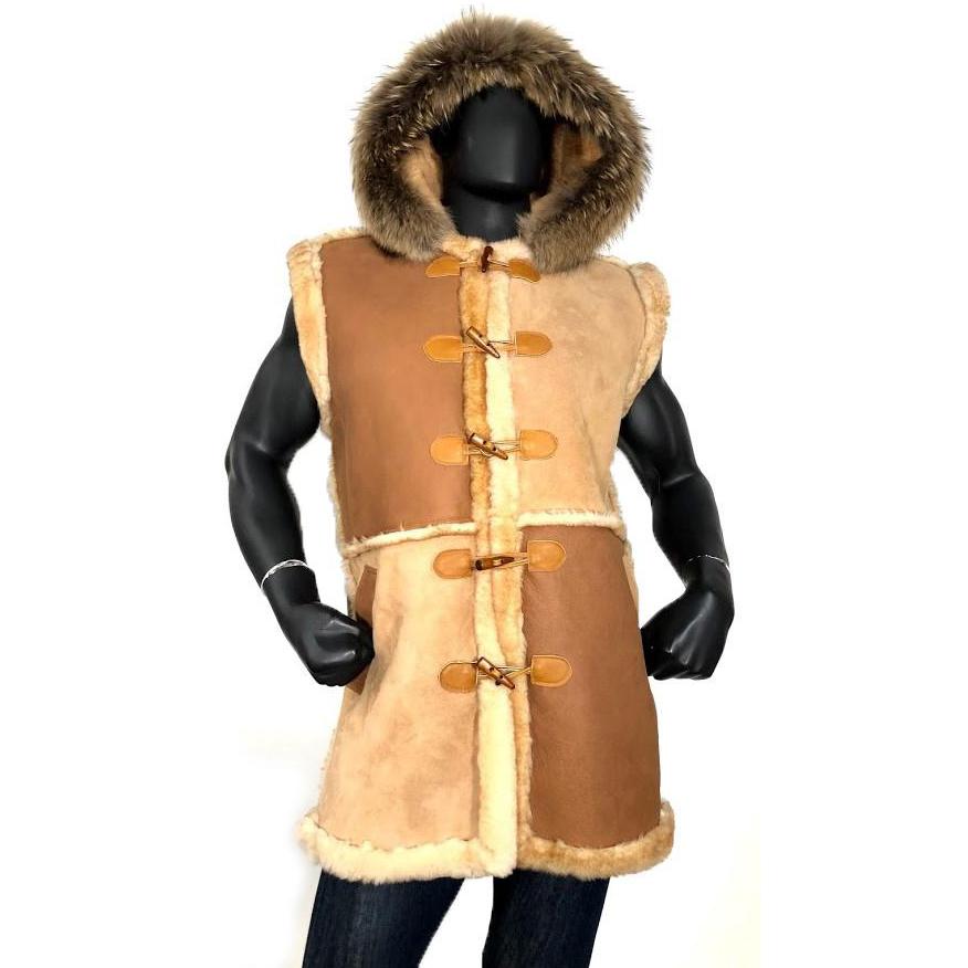 Jakewood 4905 Camel/Brown Genuine Sheepskin Shearling Vest With Fox Fur Hood/Toggles Сlasp