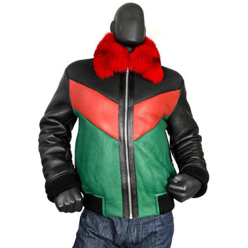 Jakewood 5550 Green, Black And Red Genuine Sheepskin V-Bomber Jacket With Fox Collar