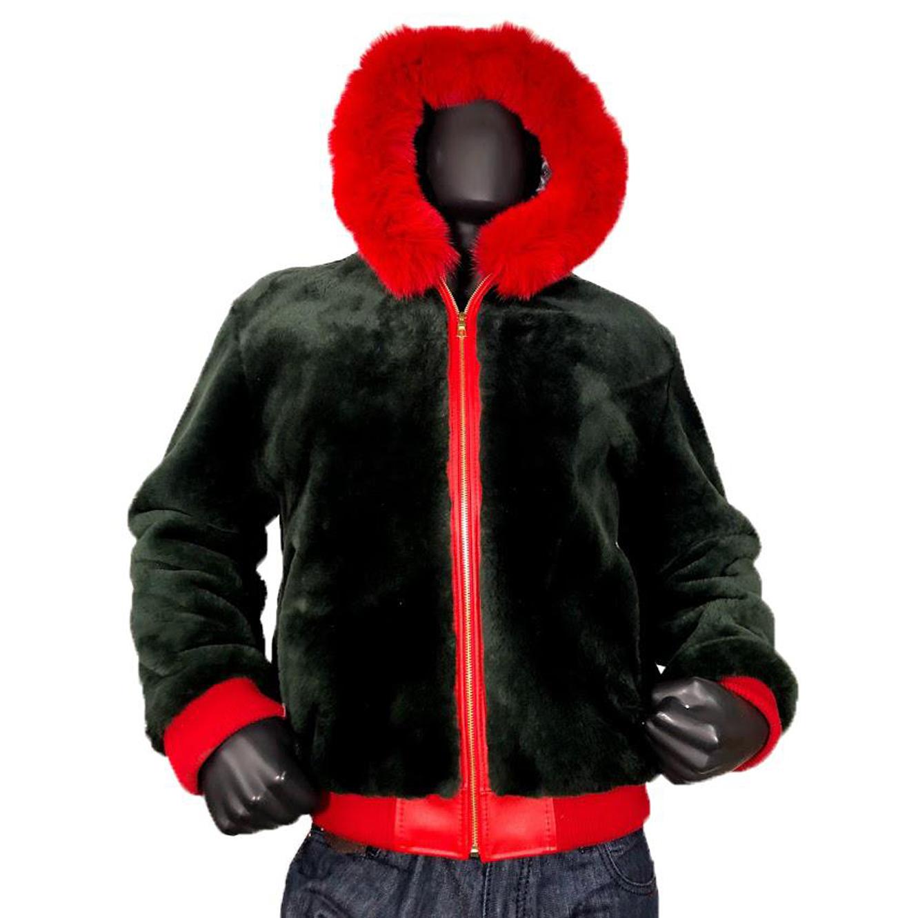 Jakewood 4050 Green/Red Genuine Lambskin Bomber Jacket With Fur Collar