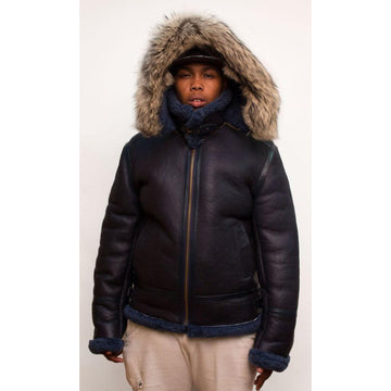 Jakewood 800 Navy Genuine Shearling Sheepskin Aviator Jacket With Removable Hood/Raccoon Fur