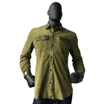 Jakewood 703 Olive Green Genuine Lamb Skin Suede Leather Shirt With Alligator Trimming