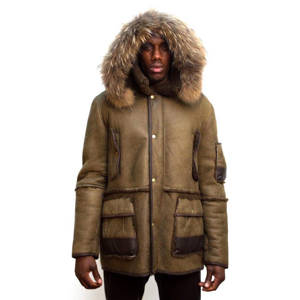 Jakewood 3800 Olive Green Sheepskin Parka Jacket With Hood And Leather Trimming