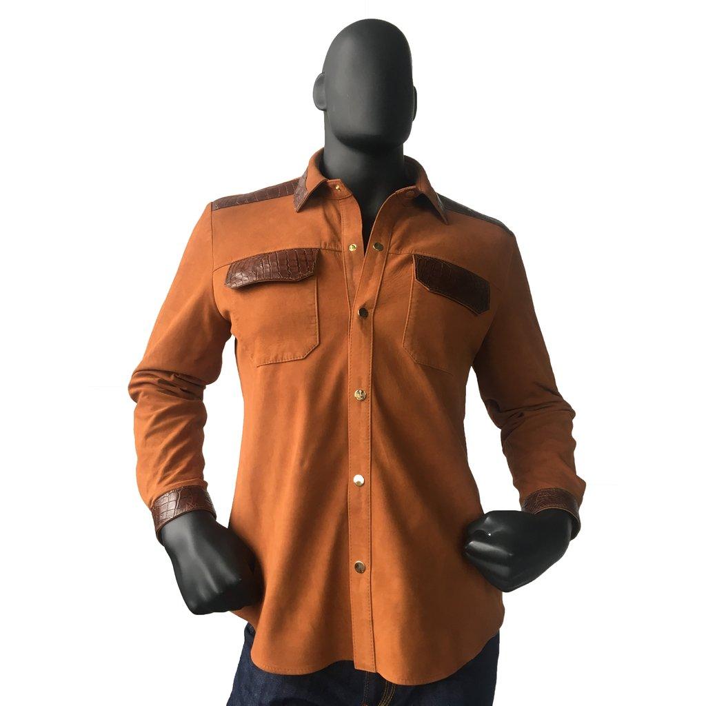 Jakewood 703 Rust/Brown Genuine Lamb Skin Suede Leather Shirt With Leather Trimming