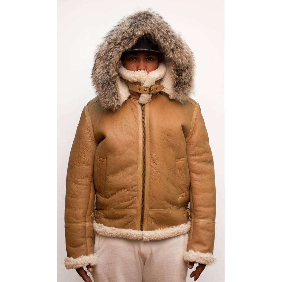 Jakewood 800 Whiskey Genuine Shearling Sheepskin Aviator Jacket With Removable Hood/Raccoon Fur