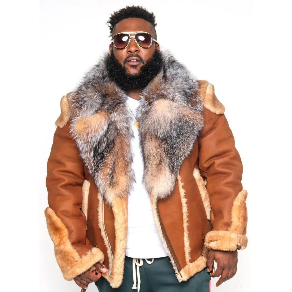 G-Gator Cognac Brown Genuine Sheepskin/Fox Fur Motorcycle Jacket 1320 Suit Essence