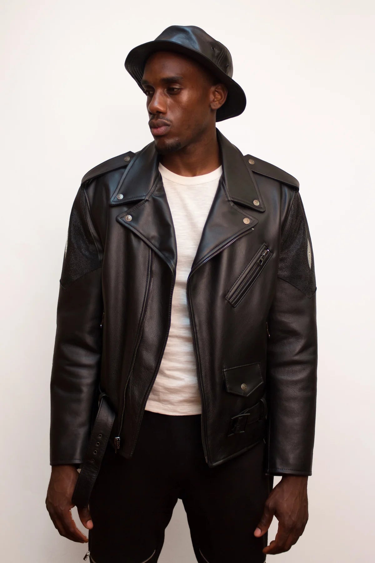 Jakewood 3015 Black Genuine Stingray/Lambskin Leather Motorcycle Jacket