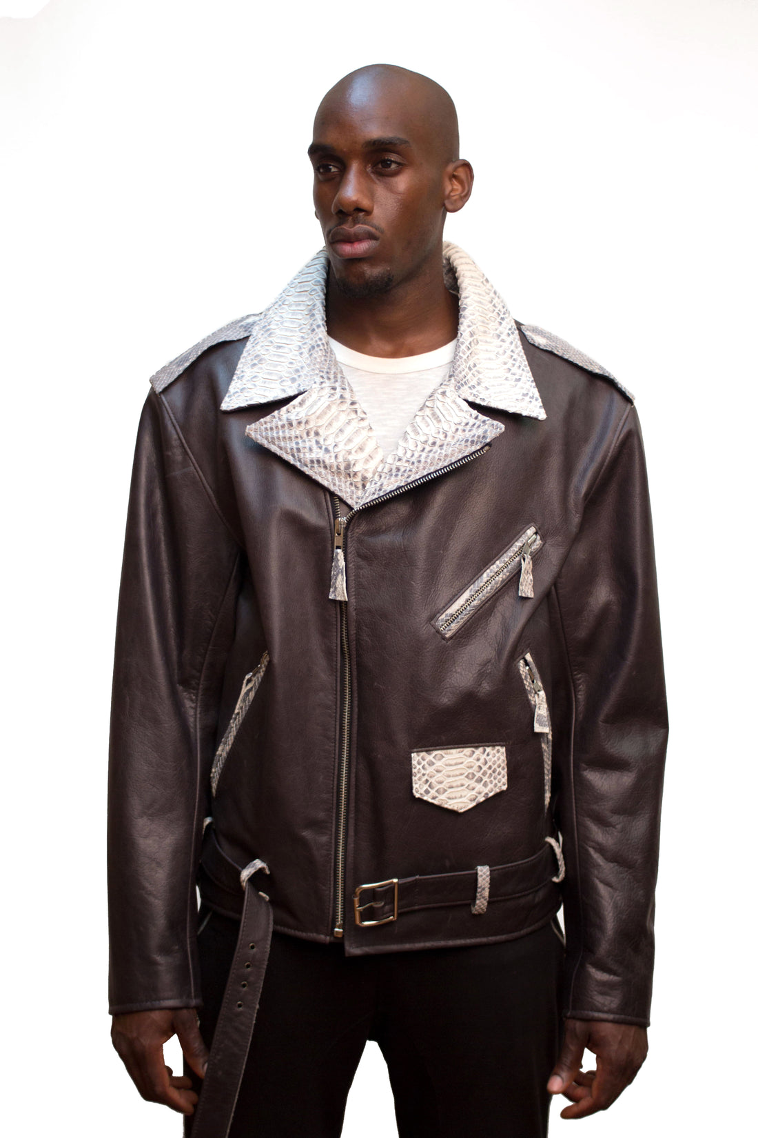 Jakewood 3016 Black/Natural Genuine Python/Lambskin Leather Motorcycle Jacket
