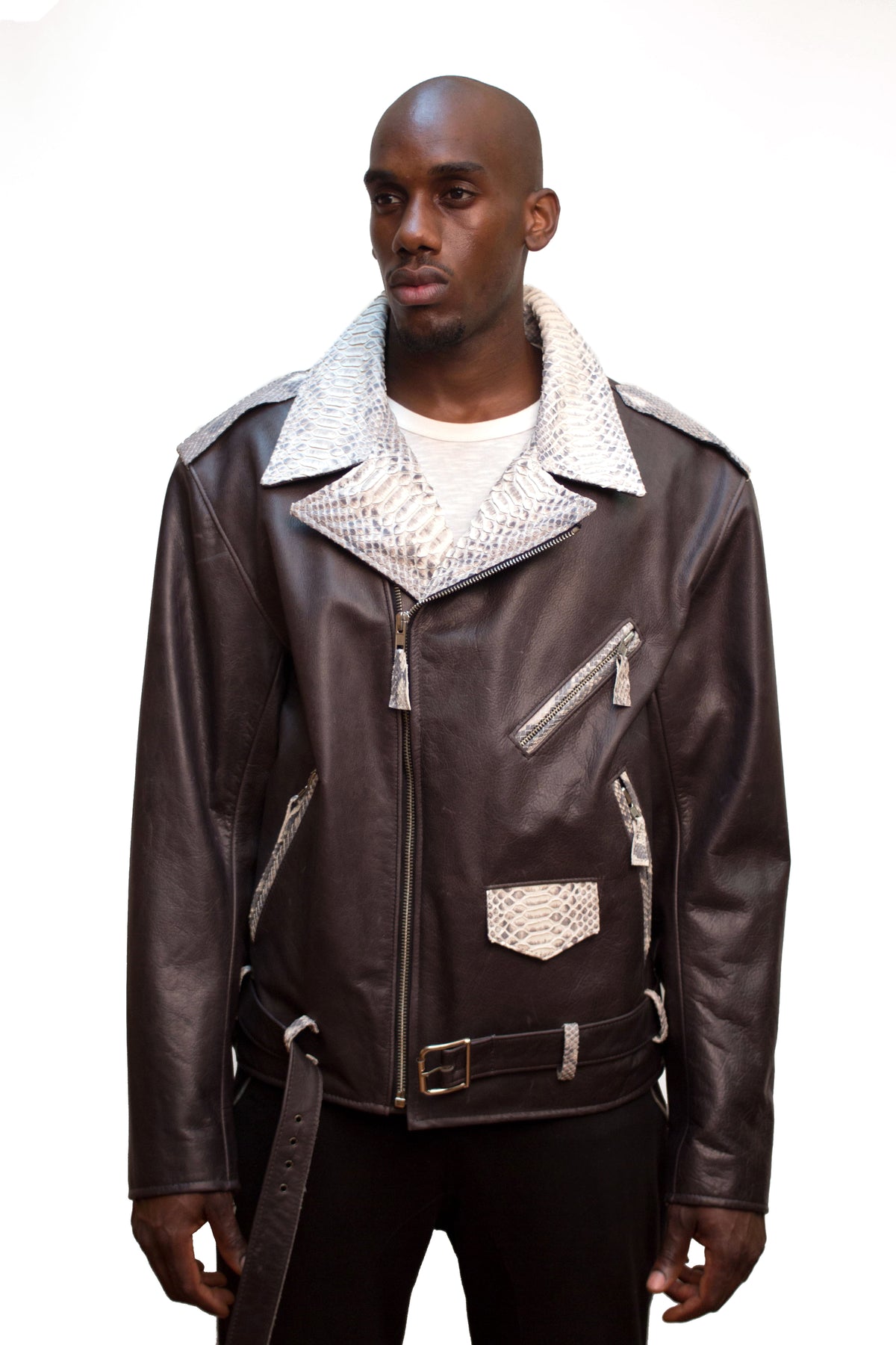 Jakewood 3016 Black/Natural Genuine Python/Lambskin Leather Motorcycle Jacket