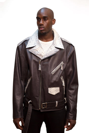 Jakewood 3016 Black/Natural Genuine Python/Lambskin Leather Motorcycle Jacket