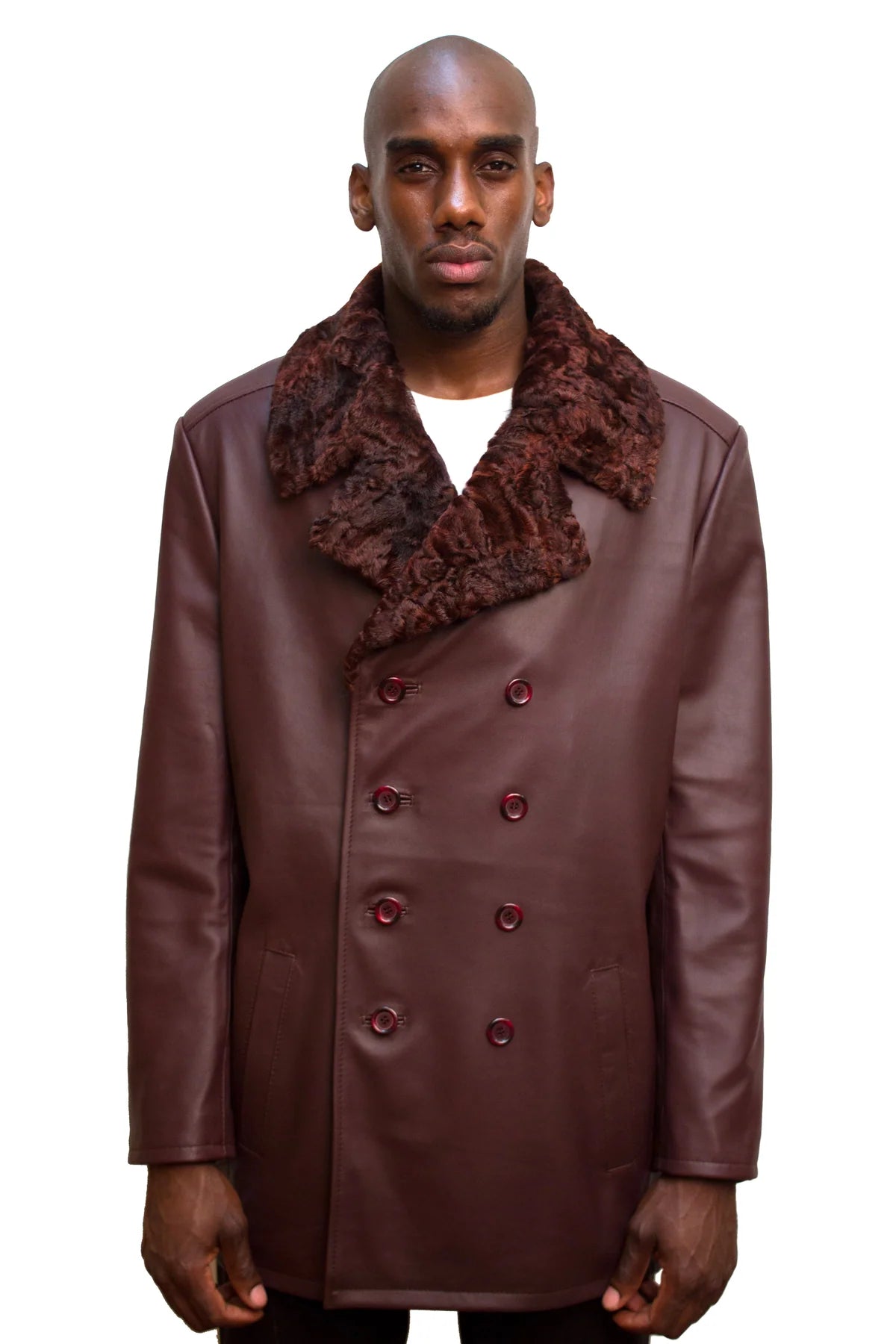 Jakewood 2090 Burgundy Genuine Lambskin/Fur Double-Breasted Peacoat