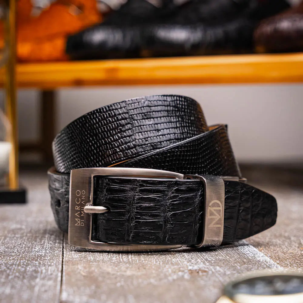 Marco Di Milano Giovanni Black Genuine Lizard/Caiman Crocodile Belt