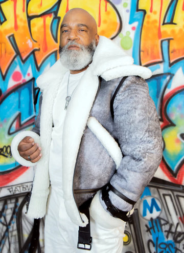 Jakewood 808 Crispy Grey Genuine Sheepskin Double Collar Bomber Jacket