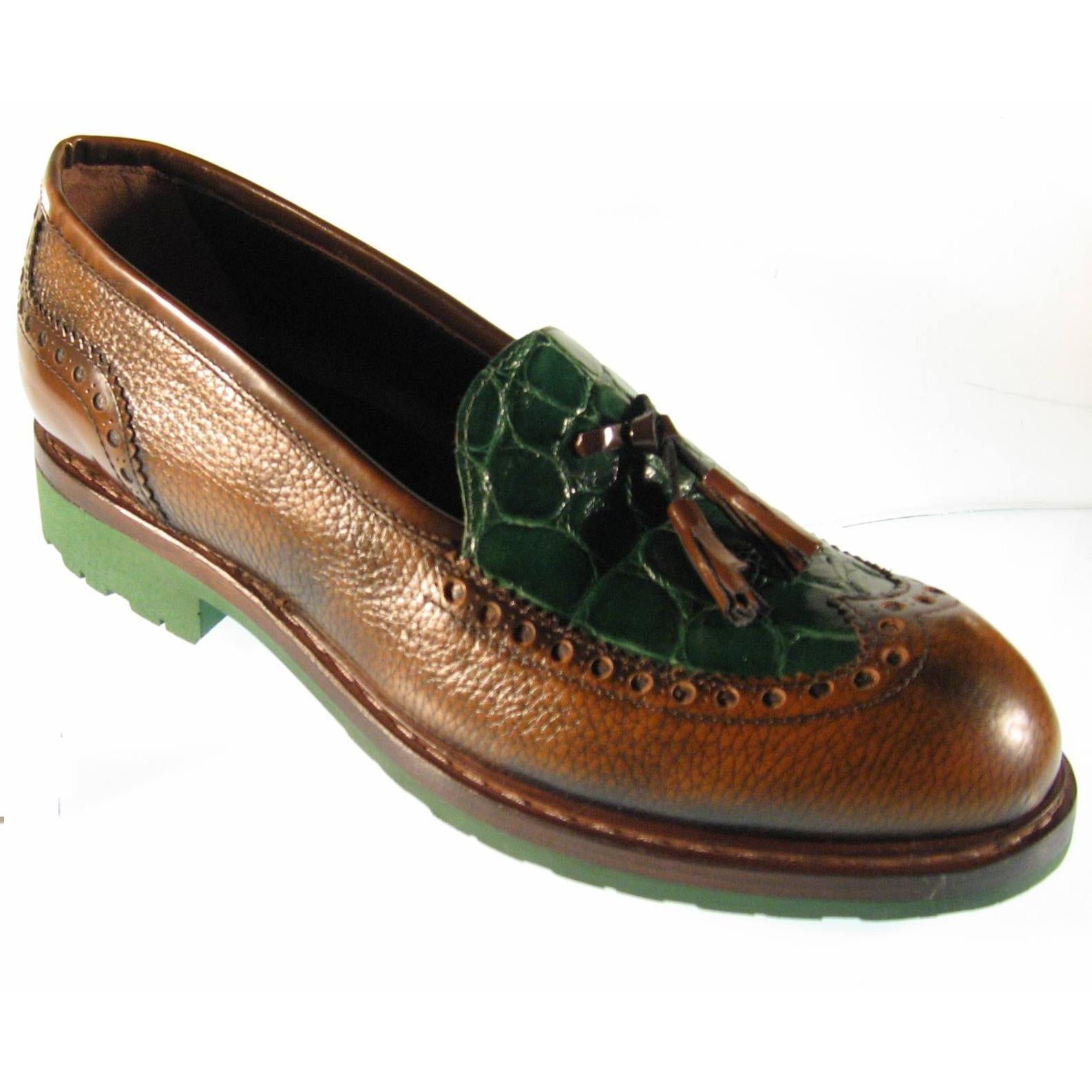 Mauri Green/Brown Genuine Alligator/Pebble Calf Loafers Shoes