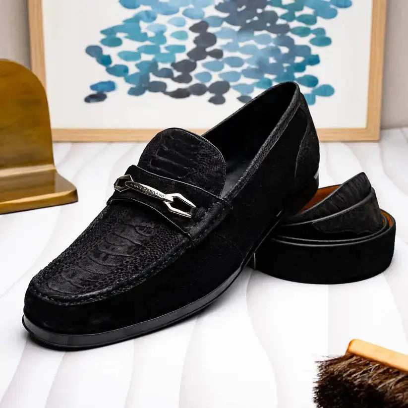 Marco Di Milano Hugo Black Genuine Ostrich Leg/Suede Belt