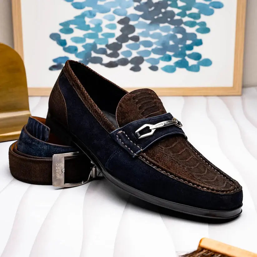 Marco Di Milano Hugo Navy/Brown Genuine Ostrich Leg/Suede Belt
