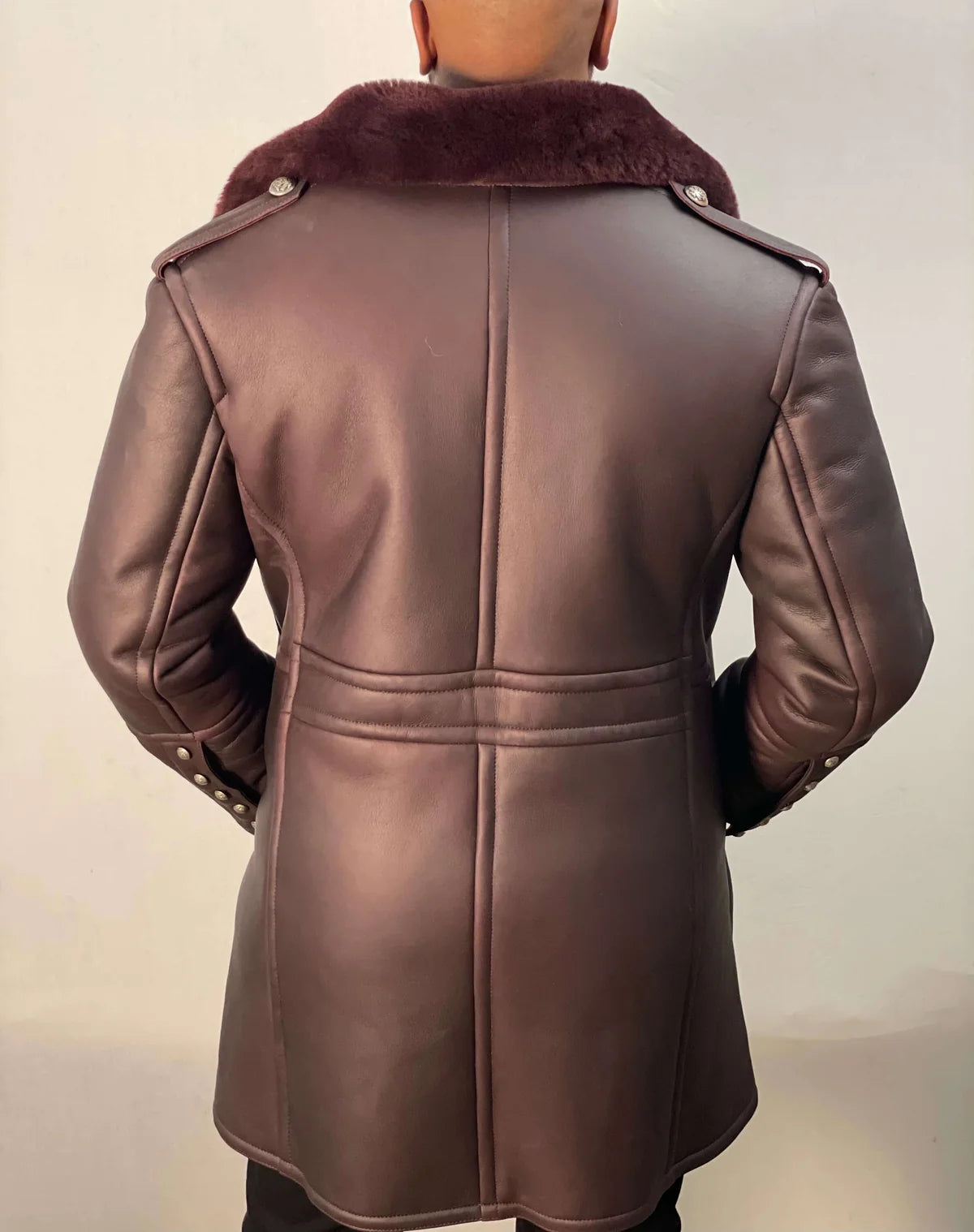 Jakewood 5000 Burgundy Genuine Shearling Sheepskin Double Breasted Trench Coat