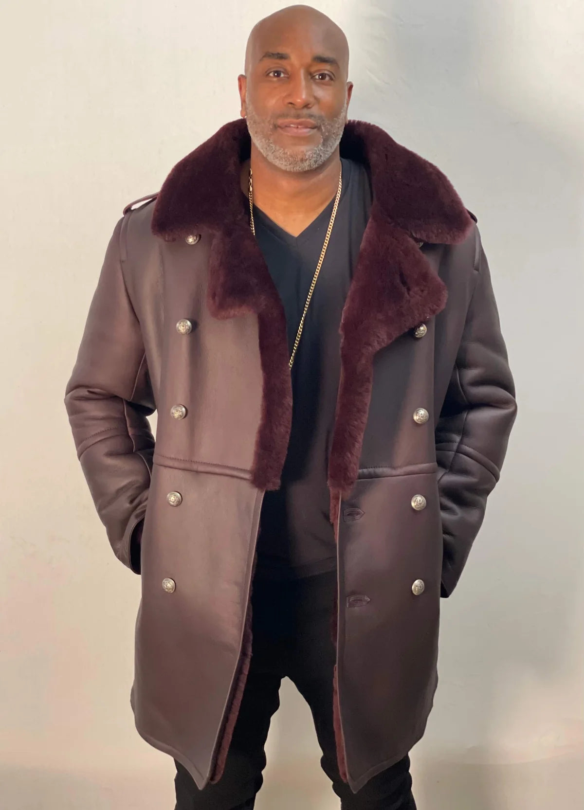 Jakewood 5000 Burgundy Genuine Shearling Sheepskin Double Breasted Trench Coat