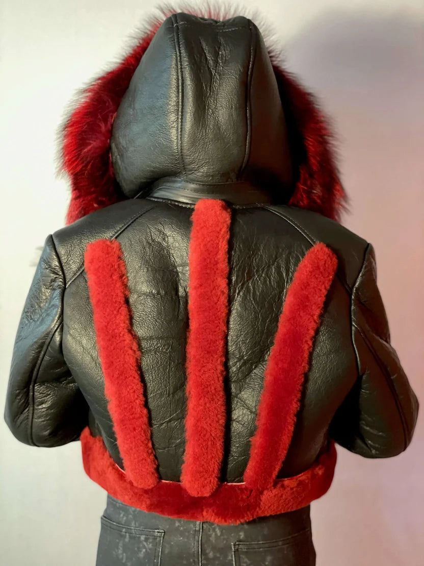 Jakewood 1019 Ladies Black/Red Genuine Shearling Sheepskin/Fox Short Crop Jacket
