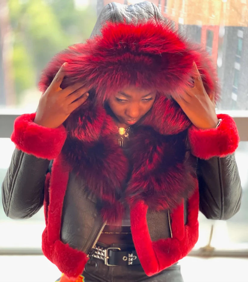 Jakewood 1019 Ladies Black/Red Genuine Shearling Sheepskin/Fox Short Crop Jacket