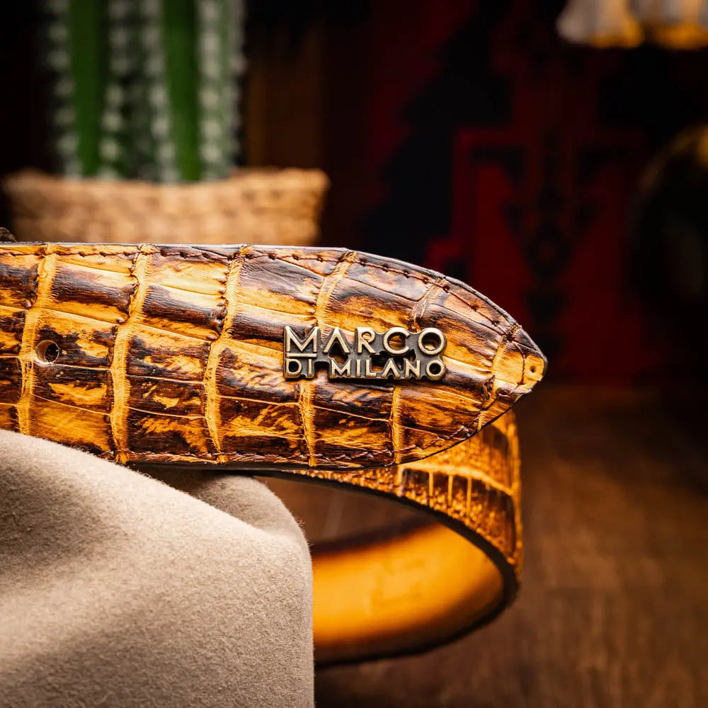 Marco Di Milano Iowa Mustard/Brown Genuine Caiman Crocodile Belt
