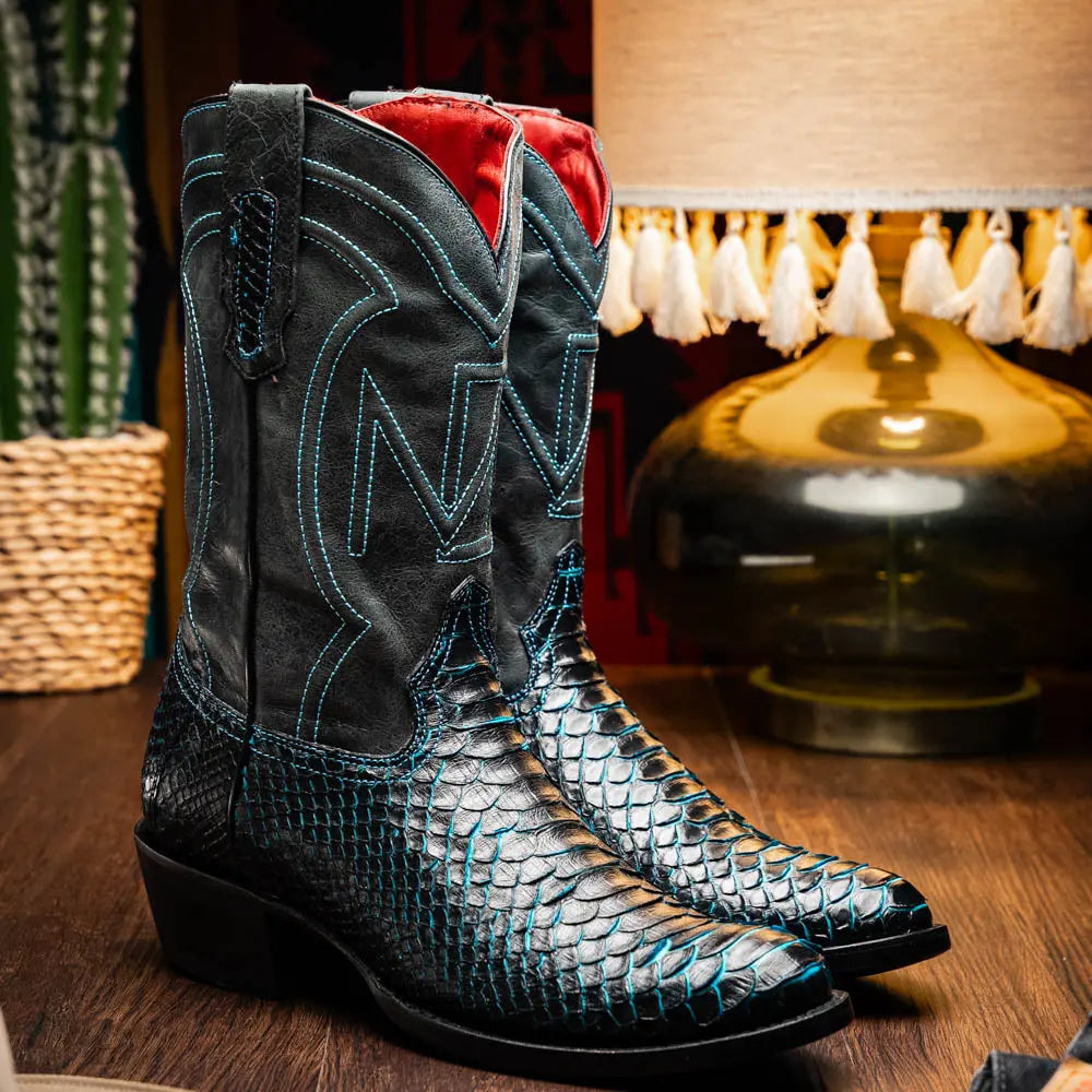 Marco Di Milano Kansas Black/Blue Genuine Python Cowboy Boots
