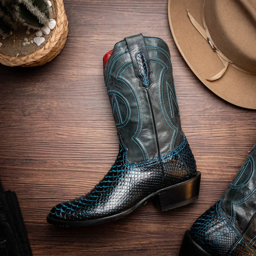 Marco Di Milano Kansas Black/Blue Genuine Python Cowboy Boots