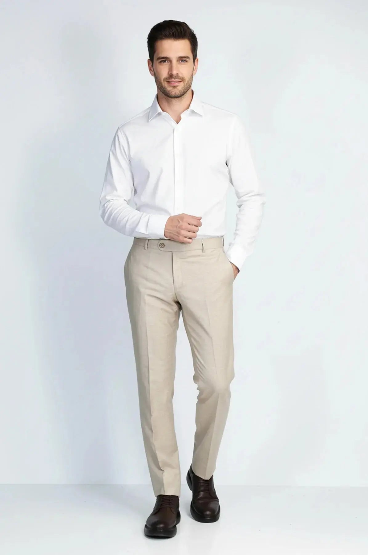 Beige Textured Slim Fit Dress Trousers – Wessi WESSI