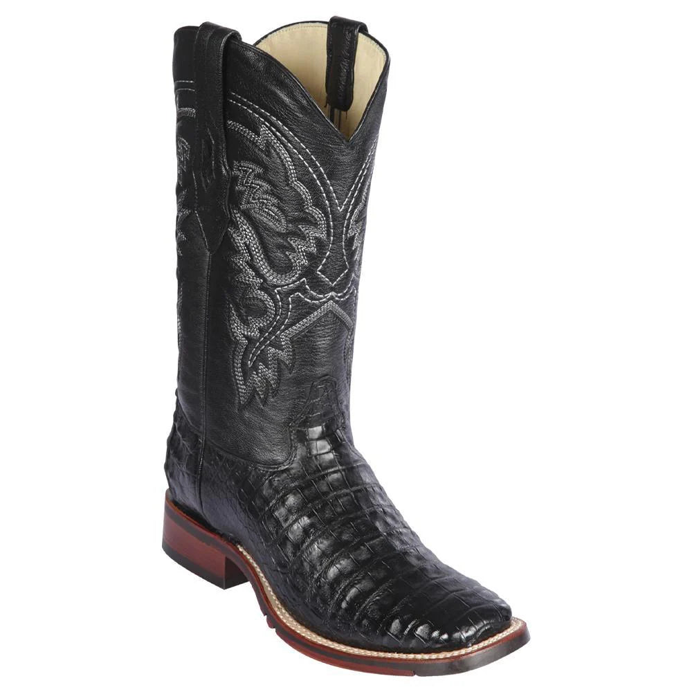 Los Altos 8268205 Men's Black Genuine Caiman Belly Wide Square Toe Cowboy Boots