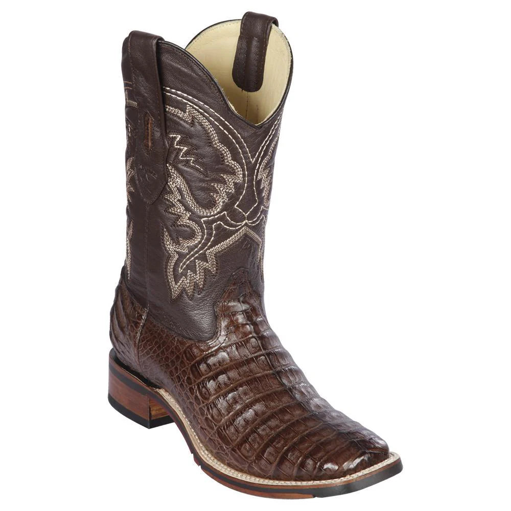 Los Altos 8268207 Men's Brown Genuine Caiman Belly Wide Square Toe Cowboy Boots