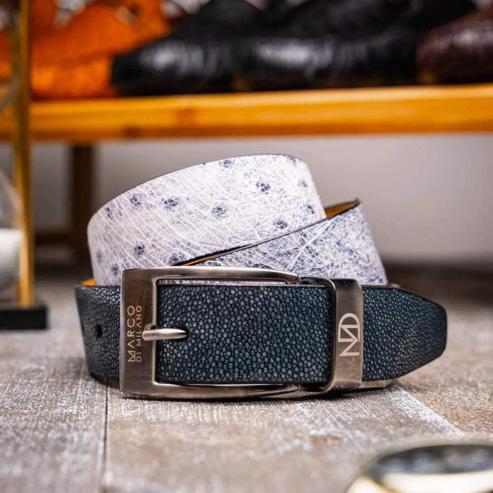 Marco Di Milano Lucca Newspaper/Black Genuine Ostrich/Stingray Belt