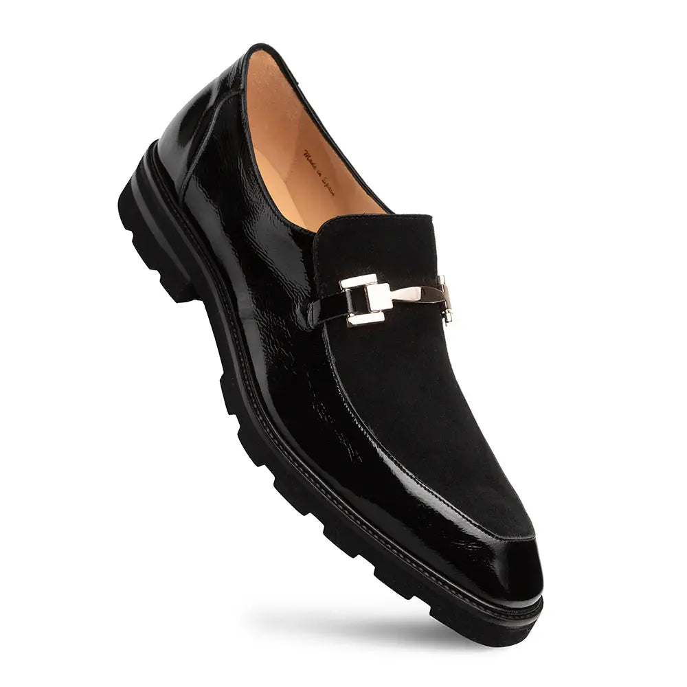 Mezlan Valone 21763 Black Genuine Leather Hi-Shine/Suede Lug Slip On Loafers