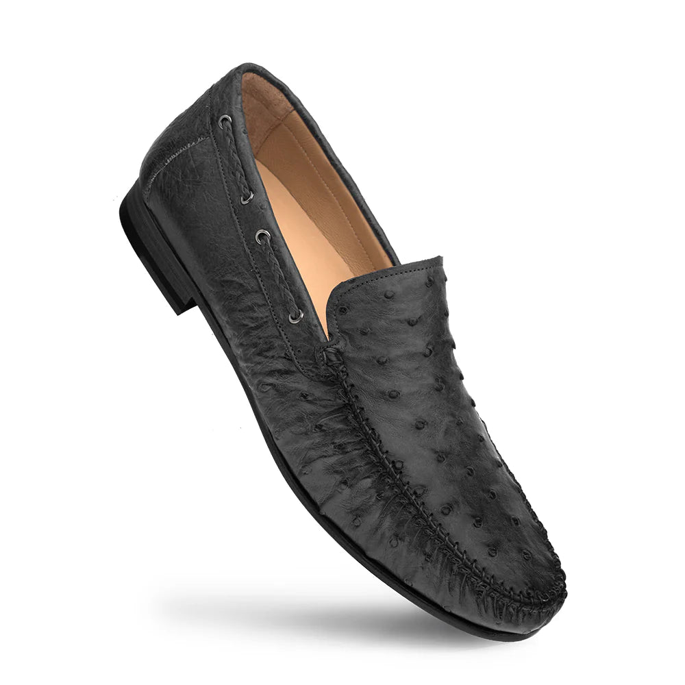 Mezlan Genuine RX612 Black Ostrich Moccasin Slip On Loafers