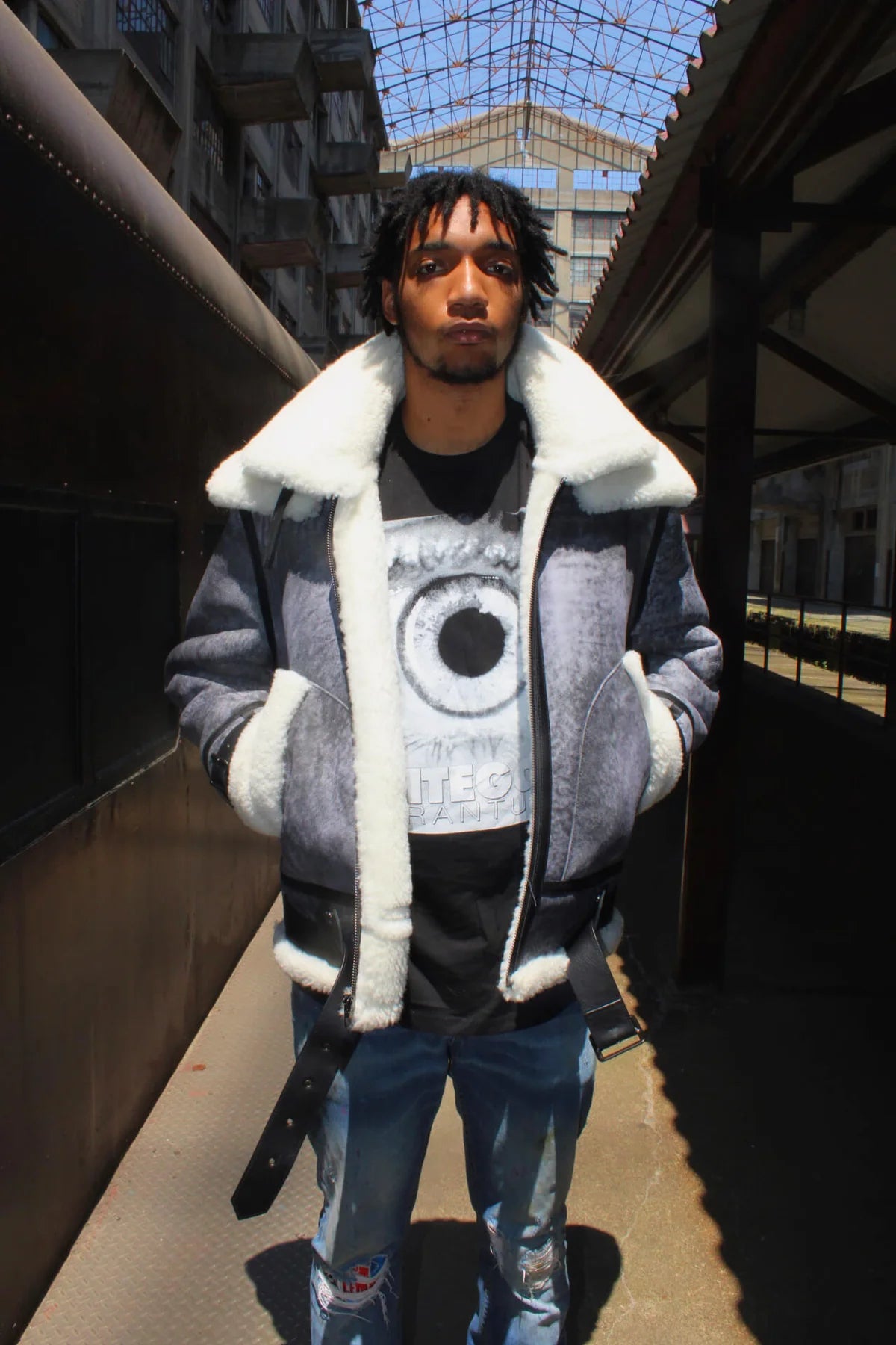 Jakewood 808 Military Grey/Black Genuine Sheepskin Double Collar Bomber Jacket