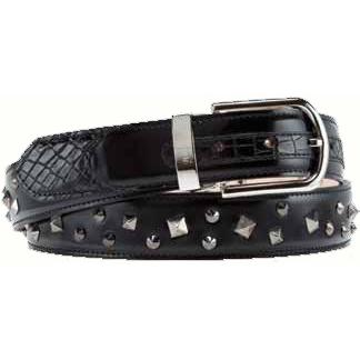 Mauri Black Genuine Alligator Dover Brush Off Silver Studded Leather Belt