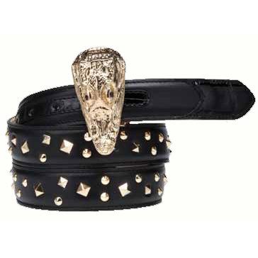 Mauri Black Genuine Baby Crocodile Nappa Leather Gold Studs Leather Belt