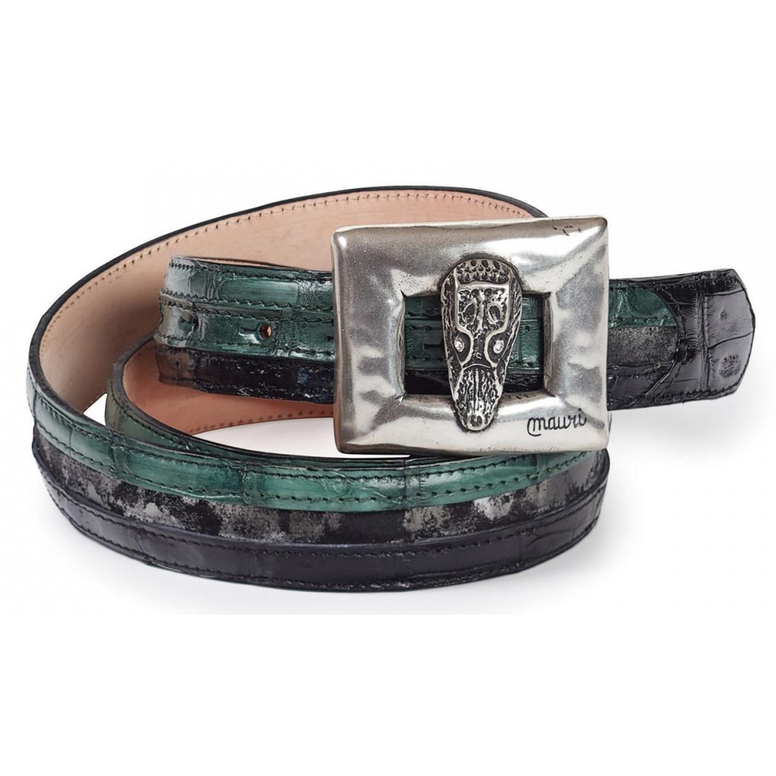 Mauri Black/Hunter Green Genuine Baby Crocodile/Fabric/Body Alligator Hand Painted Belt