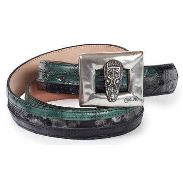 Mauri Black/Hunter Green Genuine Baby Crocodile/Fabric/Body Alligator Hand Painted Belt